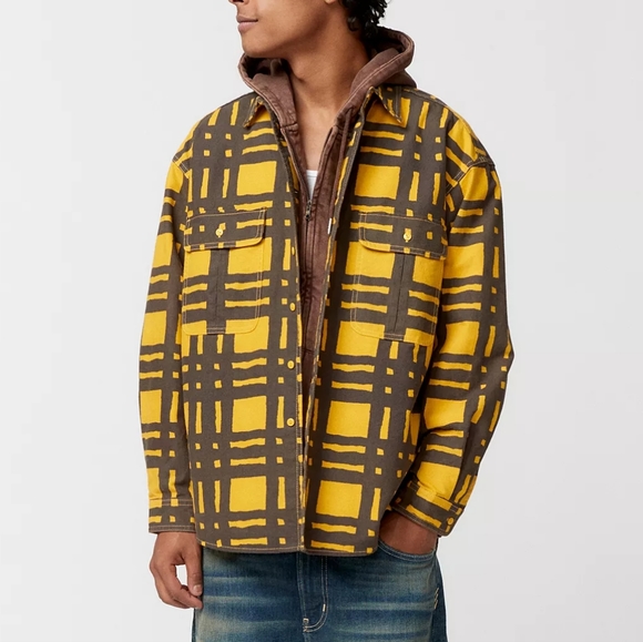 NWT Levi's Premium Yellow Torn Plaid Printed Oversized Skate Fit Overshirt